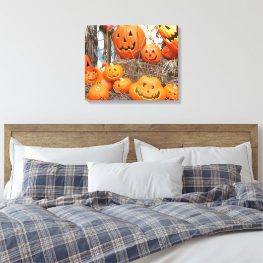 Pompoen halloween jack o lantaarn oranje pompoenen canvas afdruk (Insitu (Slaapkamer))