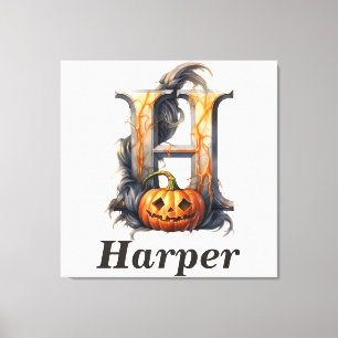 Pompoen Halloween Naam Letter H Floral Monogram Canvas Afdruk