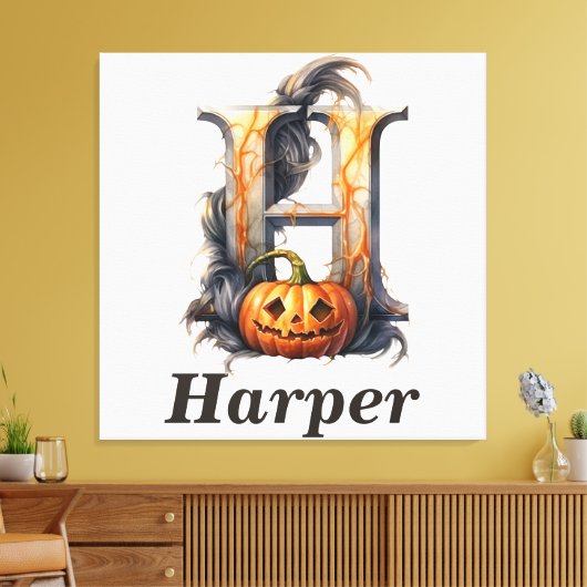 Pompoen Halloween Naam Letter H Floral Monogram Canvas Afdruk (Insitu (Woonkamer))