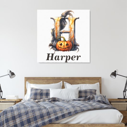 Pompoen Halloween Naam Letter H Floral Monogram Canvas Afdruk (Insitu (Slaapkamer))