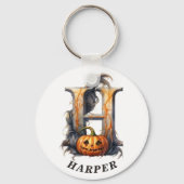 Pompoen Halloween Naam Letter H Floral Monogram Sleutelhanger (Voorkant)