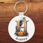 Pompoen Halloween Naam Letter H Floral Monogram Sleutelhanger (Voorkant)