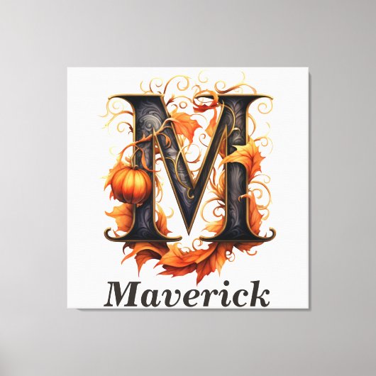 Pompoen Halloween Naam Letter M Floral Monogram Canvas Afdruk (Voorkant)