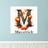 Pompoen Halloween Naam Letter M Floral Monogram Canvas Afdruk (Insitu (Houten vloer))