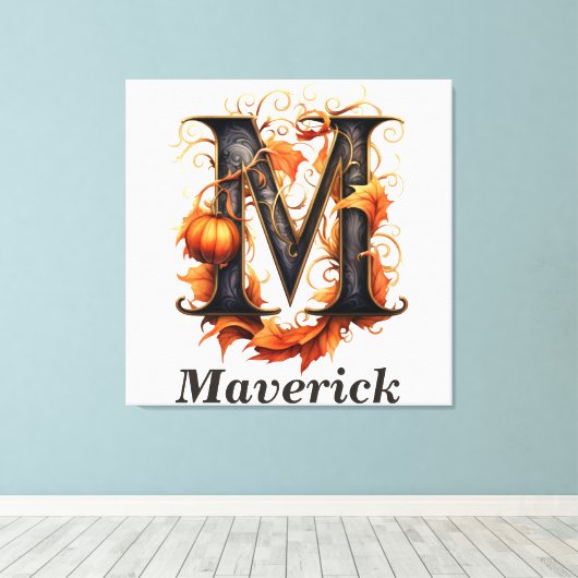 Pompoen Halloween Naam Letter M Floral Monogram Canvas Afdruk (Insitu (Houten vloer))