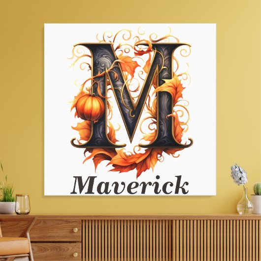 Pompoen Halloween Naam Letter M Floral Monogram Canvas Afdruk (Insitu (Woonkamer))