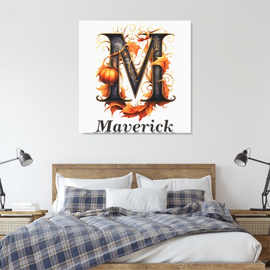 Pompoen Halloween Naam Letter M Floral Monogram Canvas Afdruk (Insitu (Slaapkamer))