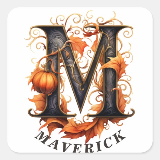 Pompoen Halloween Naam Letter M Floral Monogram Vierkante Sticker (Voorkant)