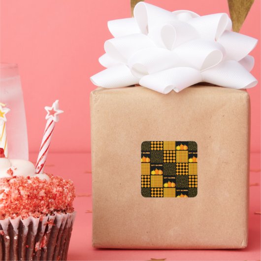 Pompoen Halloween Patchwork Patroon Vierkante Sticker (Feest)