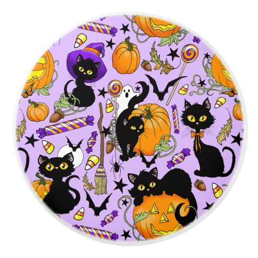 Pompoen Halloween Snoep Black Cats Keramische Knop (Voorkant)