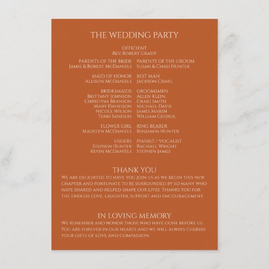 Pompoen · Handgeschreven Script Wedding Program Informatiekaartje (Achterkant)