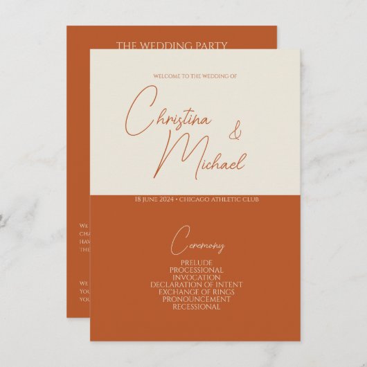 Pompoen · Handgeschreven Script Wedding Program Informatiekaartje (Voorkant / Achterkant)