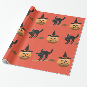pompoen heks, zwarte kat heks halloween cadeaupapier