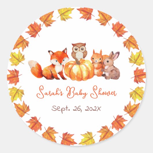 Pompoen Herfst Baby shower Herfstbladeren & Dieren Ronde Sticker (Voorkant)