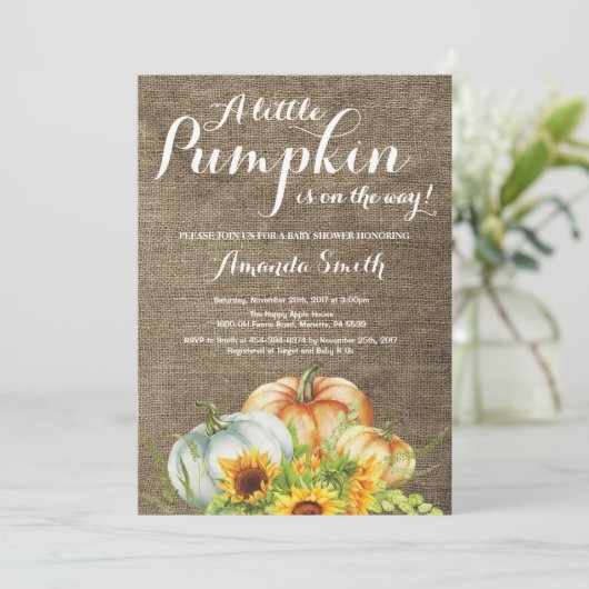Pompoen Herfst Baby shower Invitation Burlap Kaart (Staand voorkant)