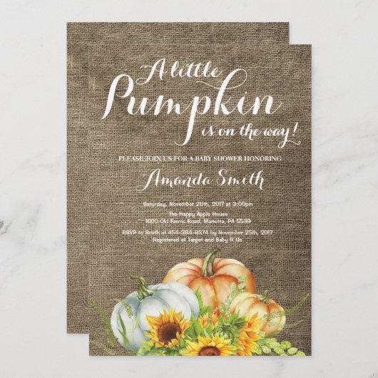 Pompoen Herfst Baby shower Invitation Burlap Kaart (Voorkant / Achterkant)