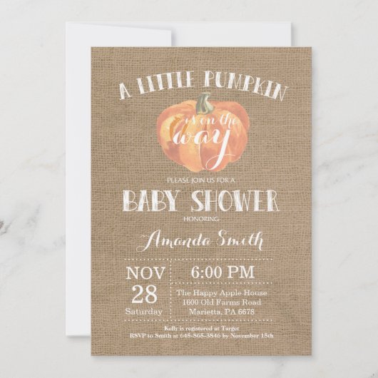 Pompoen Herfst Baby shower Invitation Burlap Kaart (Voorkant)