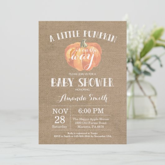 Pompoen Herfst Baby shower Invitation Burlap Kaart (Staand voorkant)