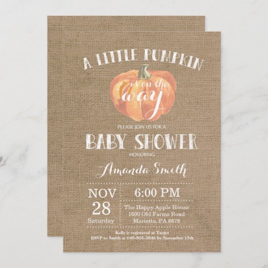Pompoen Herfst Baby shower Invitation Burlap Kaart (Voorkant / Achterkant)