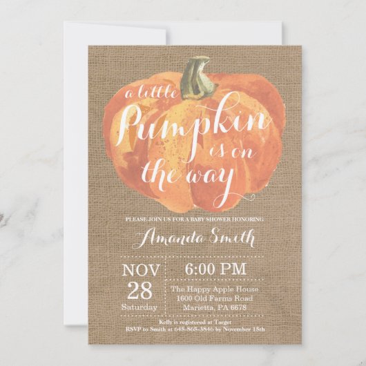 Pompoen Herfst Baby shower Invitation Burlap Kaart (Voorkant)