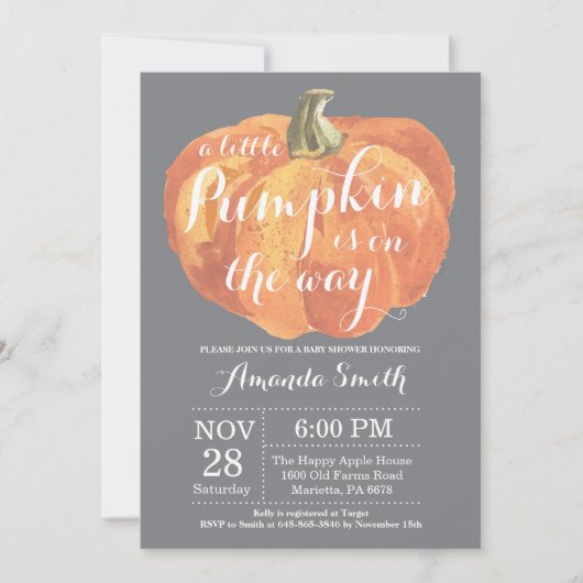Pompoen Herfst Baby shower Invitation Grey Kaart (Voorkant)