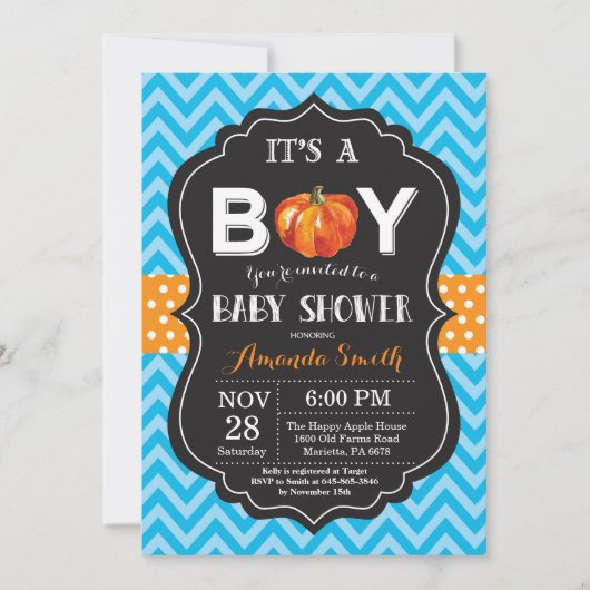 Pompoen Herfst Baby Shower Uitnodiging Blauwe Chev (Voorkant)
