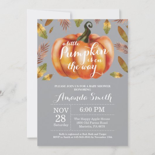 Pompoen Herfst Baby Shower Uitnodiging Grijs (Voorkant)