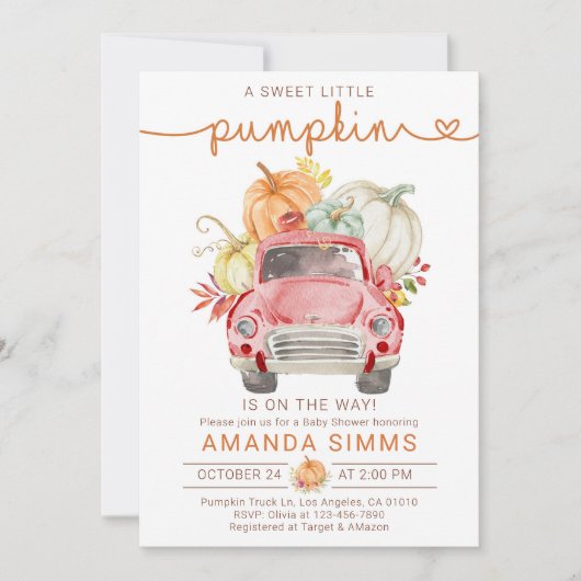 Pompoen Herfst Baby shower Uitnodiging Rode Vracht (Voorkant)