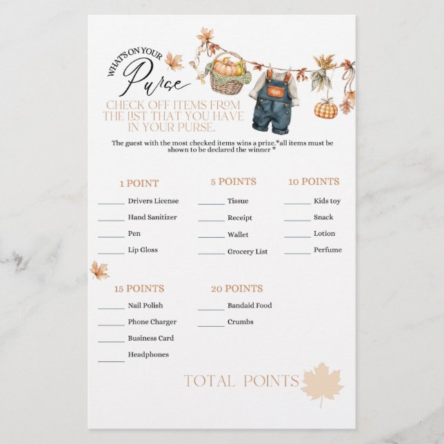 Pompoen Herfst Baby shower Wat op portemonnee Game (Voorkant)