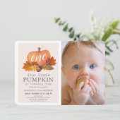 Pompoen Herfst Bladeren Roze Meisje Foto 1e Verjaa Kaart (Staand voorkant)