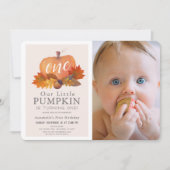 Pompoen Herfst Bladeren Roze Meisje Foto 1e Verjaa Kaart (Voorkant)