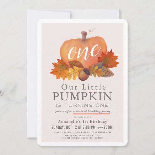 Pompoen Herfst Bladeren Roze Virtual 1e Verjaardag Kaart (Voorkant)