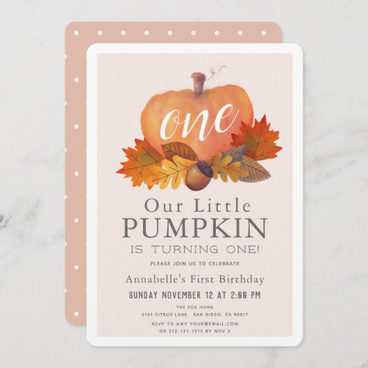 Pompoen Herfst Blauw Roze Meisje 1e Verjaardag Kaart (Voorkant / Achterkant)