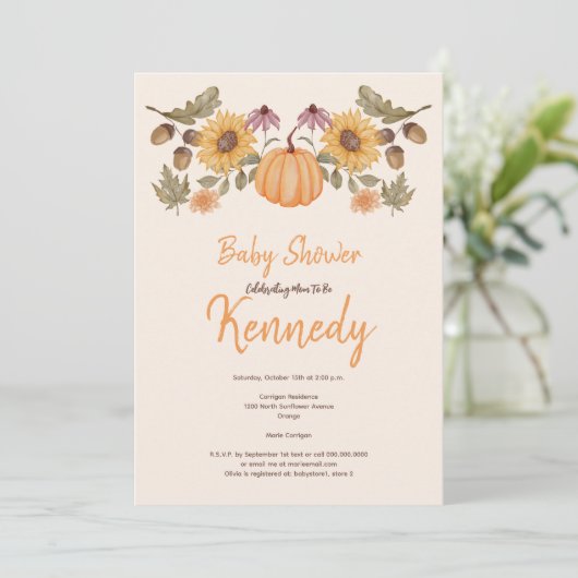 Pompoen Herfst Bloemen Herfst Baby shower Kaart (Staand voorkant)