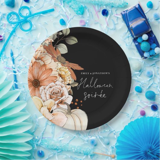 Pompoen Herfst Bloemen Script Halloween Soirée Zwa Papieren Bordje (Feest)