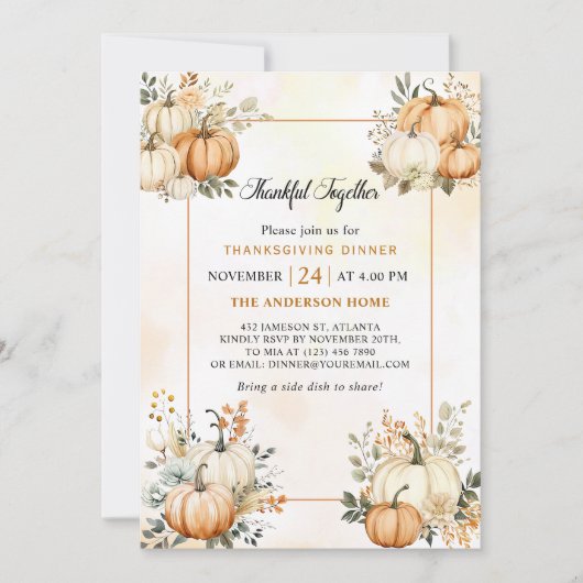 Pompoen Herfst Bloemen Thanksgiving Diner Kaart (Voorkant)