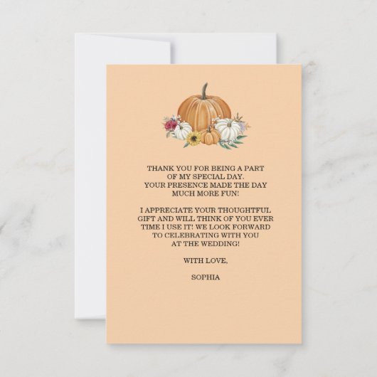 Pompoen Herfst Bruidsfeest Bedankkaart (Achterkant)