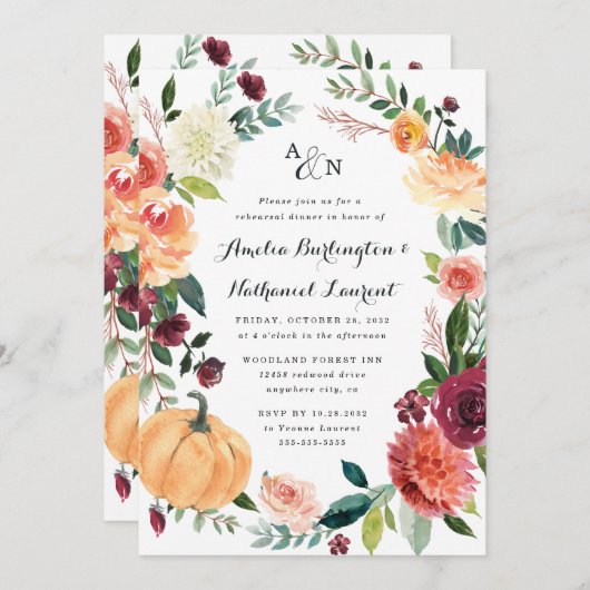 Pompoen herfst chique bloemenrustiek repetitie din kaart (Voorkant / Achterkant)