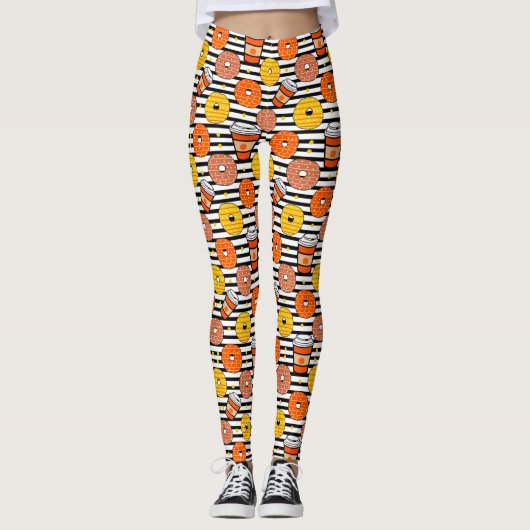 Pompoen Herfst Donuts & Coffee Black Stripes Leggings (Voorkant)