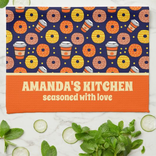 Pompoen Herfst Donuts & Coffee Thanksgiving Blauw Theedoek (Gevouwen)