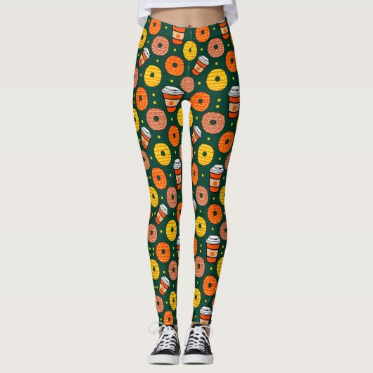 Pompoen Herfst Donuts & Coffee Thanksgiving Groen Leggings (Voorkant)