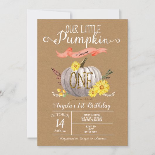 Pompoen herfst eerste 1e verjaardag uitnodiging (Voorkant)