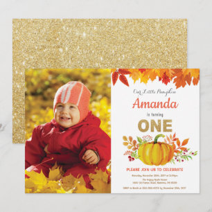 Pompoen Herfst Eerste Verjaardag Gouden Glitter Kaart