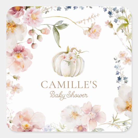Pompoen Herfst Floral Meisje Baby shower Vierkante Sticker (Voorkant)