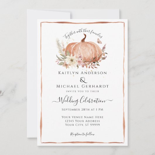 Pompoen Herfst Foliage Bloemen Waterverf Bruiloft Kaart (Voorkant)