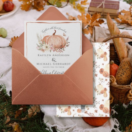 Pompoen Herfst Foliage Bloemen Waterverf Bruiloft Kaart