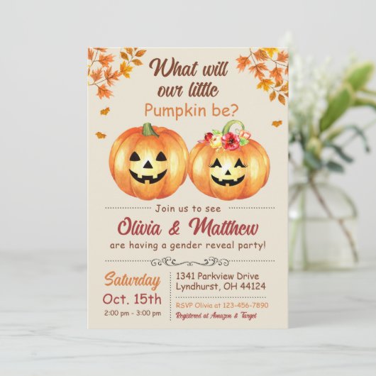 Pompoen Herfst Geslacht onthullen Uitnodiging Hij  (Staand voorkant)
