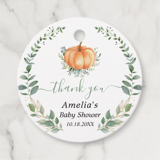 Pompoen Herfst groen gouden bladeren Baby shower Bedankjes Labels (Voorkant)