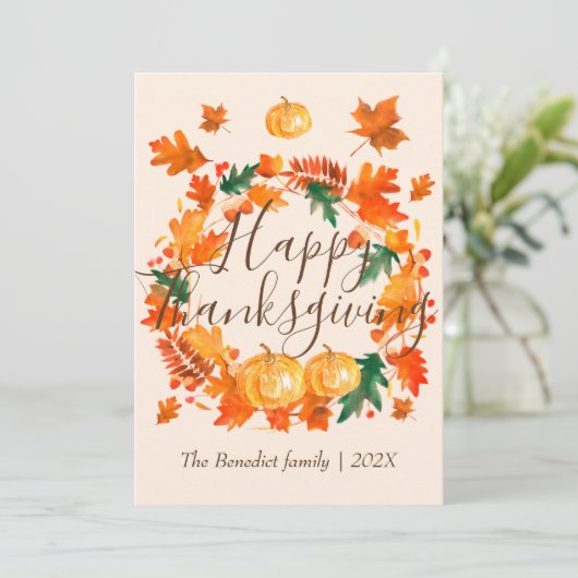 Pompoen herfst herfst bladeren gelukkig Thanksgivi Feestdagenkaart (Staand voorkant)