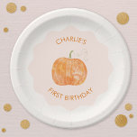 Pompoen herfst Herfst Eerste 1e Verjaardag Papieren Bordje<br><div class="desc">Een waterverf pompoen op een blush roze moderne golvende achtergrond voor een herfst herfst eerste verjaardagsfeestje. Wijzig de aan te passen tekst. Originele kunst van Nic Squirrell.</div>